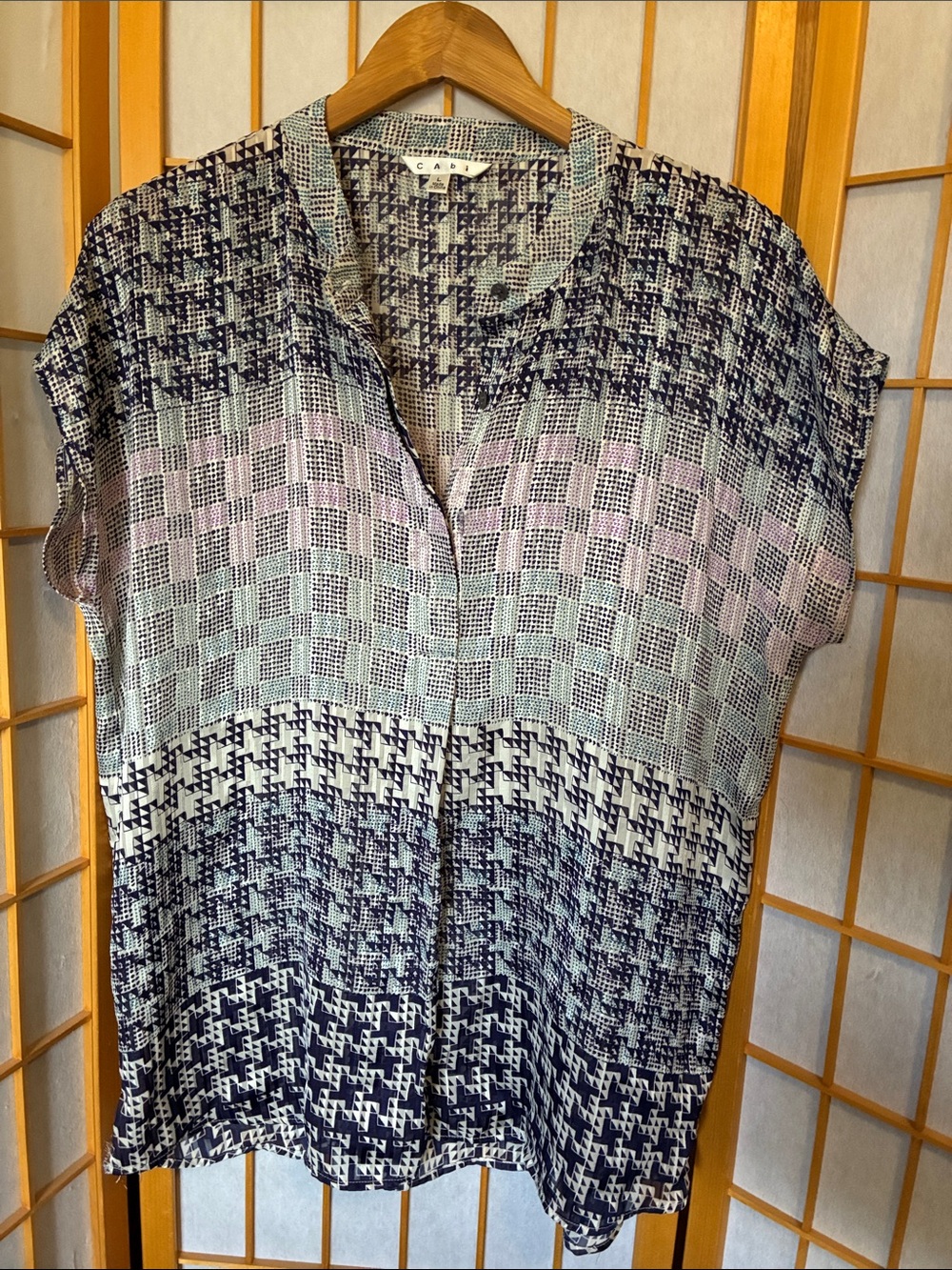 CAbi Navy, Light Blue, and Pink Patterned Short Sleeve Tunic